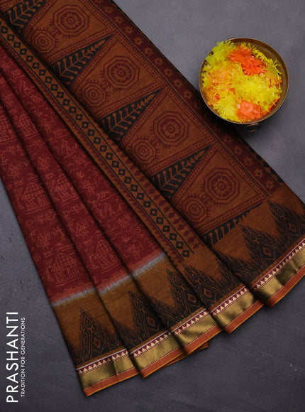Muslin cotton saree maroon and dark mustard with allover warli prints and zari woven border
