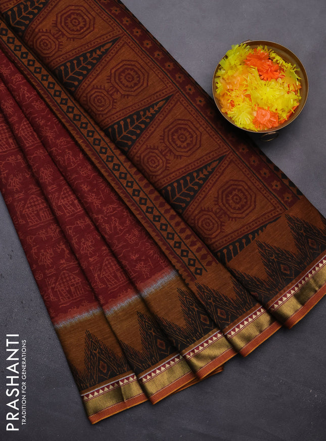 Muslin cotton saree maroon and dark mustard with allover warli prints and zari woven border