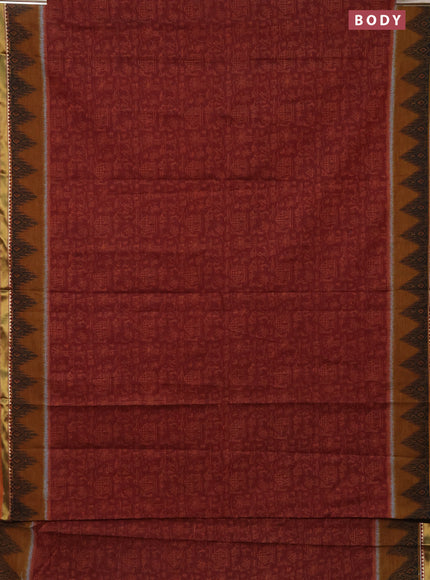 Muslin cotton saree maroon and dark mustard with allover warli prints and zari woven border