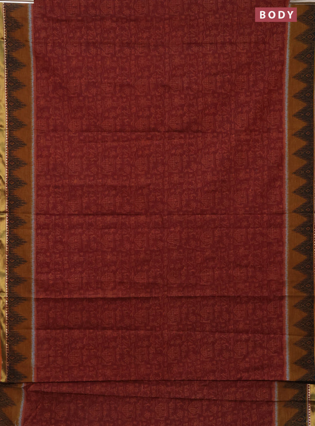 Muslin cotton saree maroon and dark mustard with allover warli prints and zari woven border