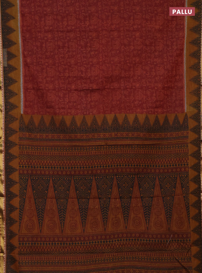 Muslin cotton saree maroon and dark mustard with allover warli prints and zari woven border