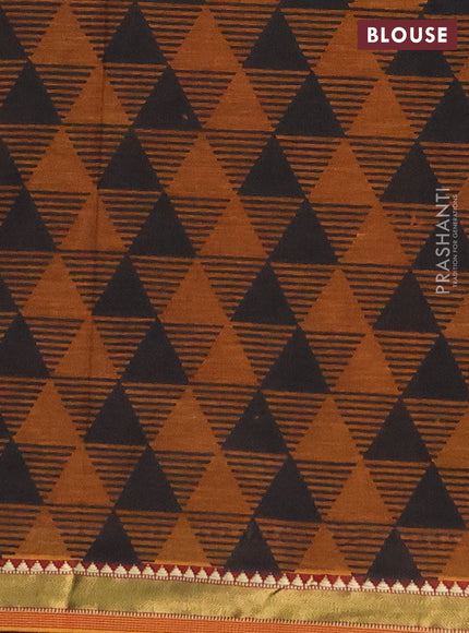 Muslin cotton saree maroon and dark mustard with allover warli prints and zari woven border