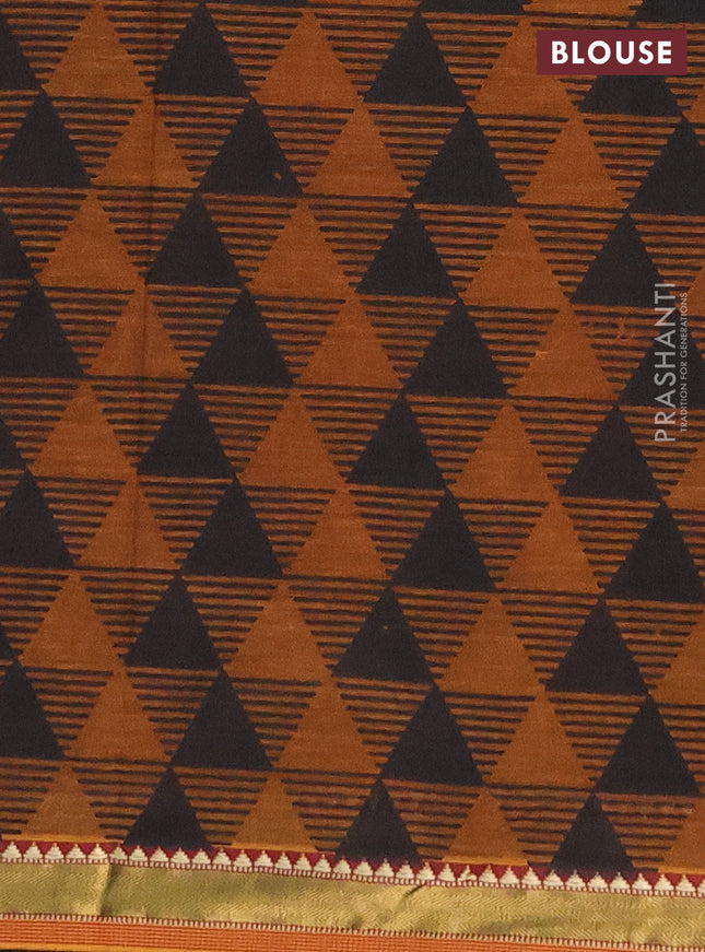 Muslin cotton saree maroon and dark mustard with allover warli prints and zari woven border