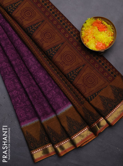 Muslin cotton saree deep purple and dark mustard with allover warli prints and zari woven border