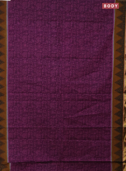 Muslin cotton saree deep purple and dark mustard with allover warli prints and zari woven border