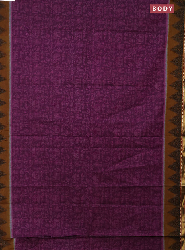 Muslin cotton saree deep purple and dark mustard with allover warli prints and zari woven border