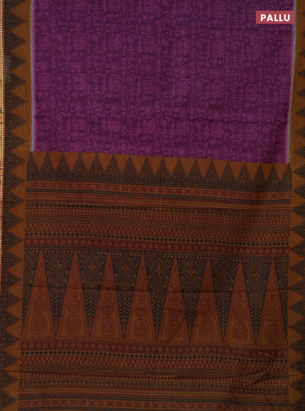 Muslin cotton saree deep purple and dark mustard with allover warli prints and zari woven border