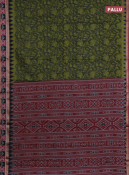 Muslin cotton saree sap green and maroon with allover kalamkari prints and woven border