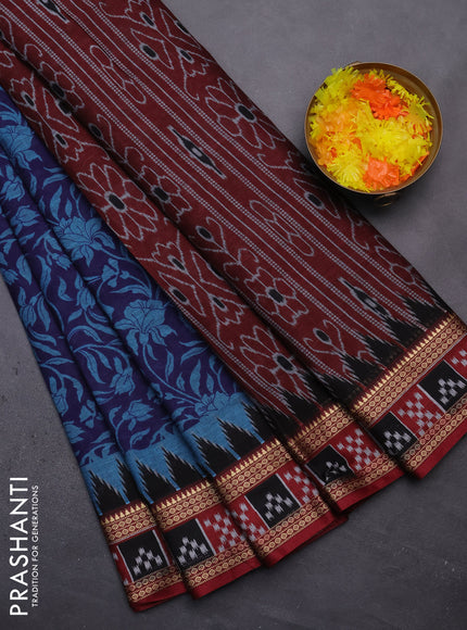 Muslin cotton saree blue and maroon with allover kalamkari prints and woven border