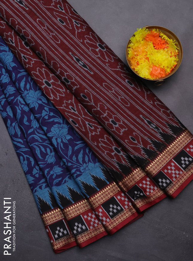 Muslin cotton saree blue and maroon with allover kalamkari prints and woven border