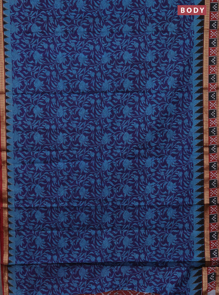 Muslin cotton saree blue and maroon with allover kalamkari prints and woven border