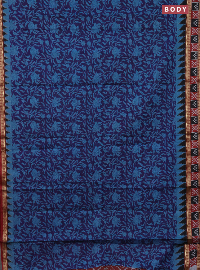 Muslin cotton saree blue and maroon with allover kalamkari prints and woven border