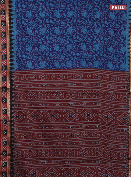 Muslin cotton saree blue and maroon with allover kalamkari prints and woven border