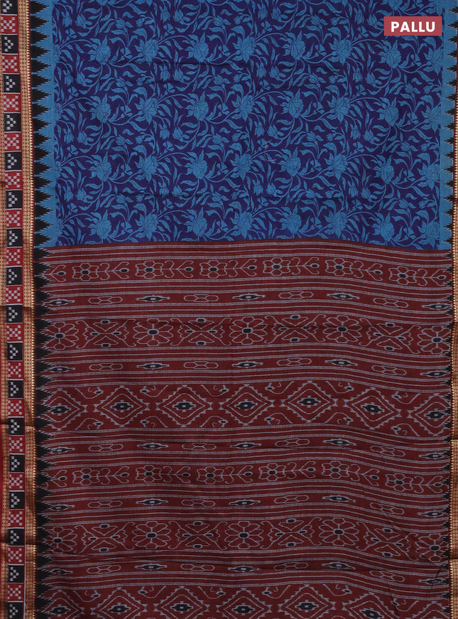Muslin cotton saree blue and maroon with allover kalamkari prints and woven border