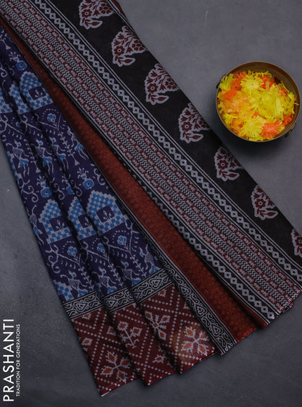 Muslin cotton saree navy blue and maroon with allover prints and printed border