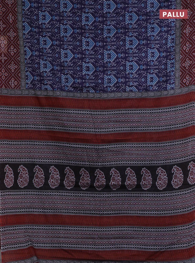 Muslin cotton saree navy blue and maroon with allover prints and printed border