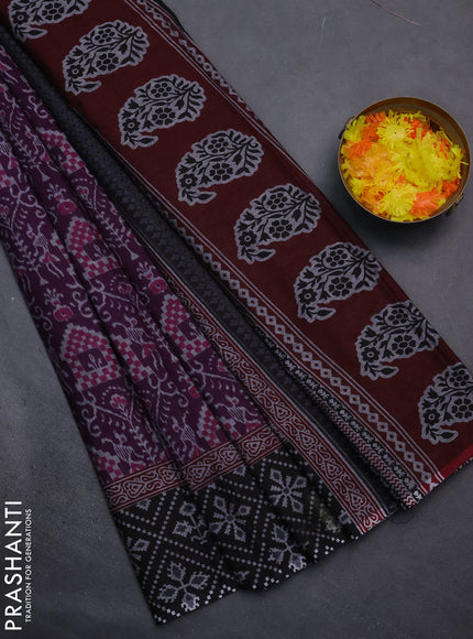 Muslin cotton saree deep purple and black with allover prints and printed border