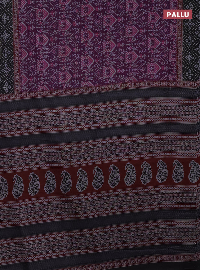 Muslin cotton saree deep purple and black with allover prints and printed border