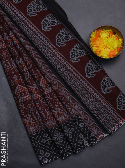 Muslin cotton saree maroon and black with allover prints and printed border