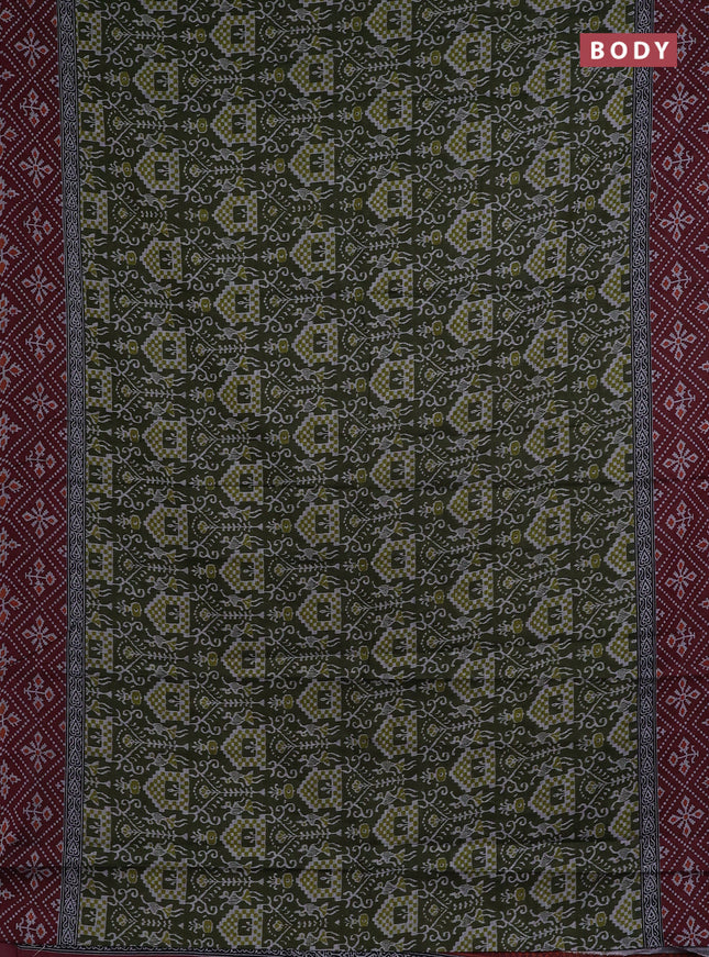Muslin cotton saree sap green and maroon with allover prints and printed border