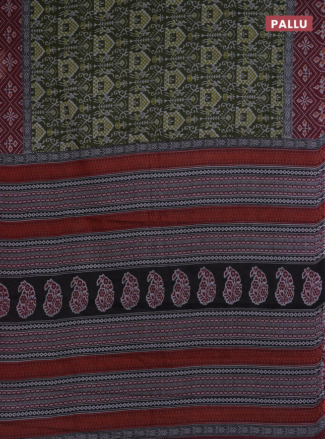 Muslin cotton saree sap green and maroon with allover prints and printed border