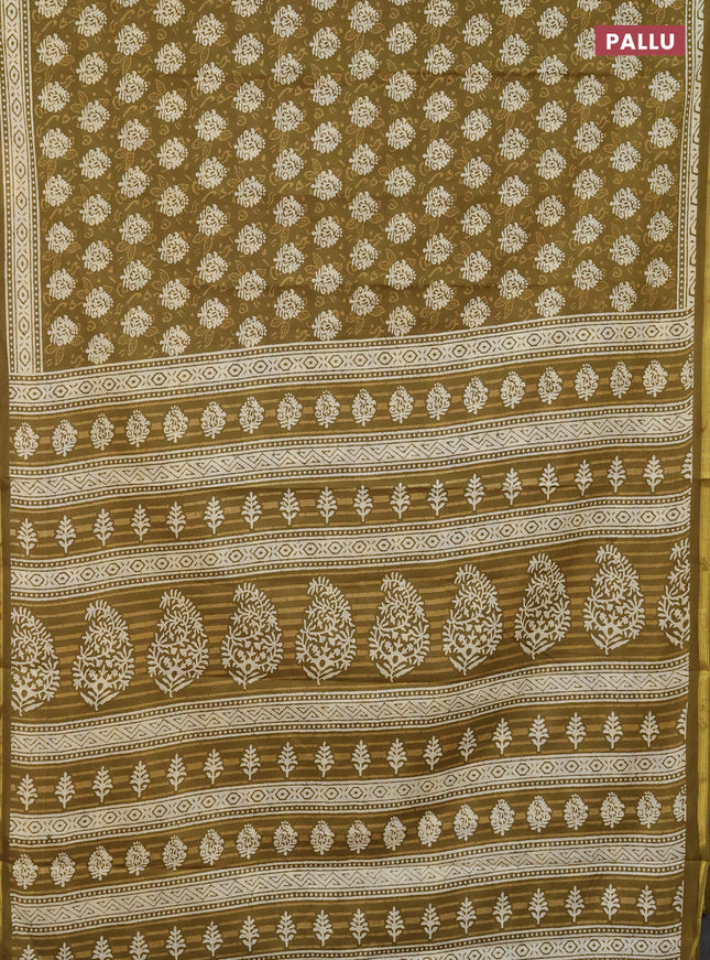 Muslin cotton saree mehendi green with butta prints and zari woven border