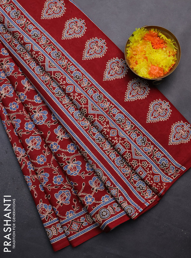 Muslin cotton saree maroon with allover floral prints and printed border