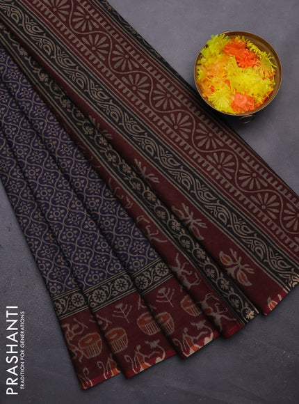 Muslin cotton saree navy blue and deep maroon with allover prints and printed border