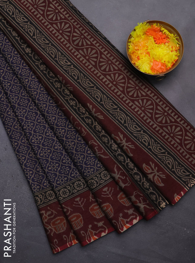 Muslin cotton saree navy blue and deep maroon with allover prints and printed border