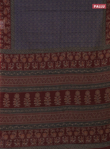 Muslin cotton saree navy blue and deep maroon with allover prints and printed border
