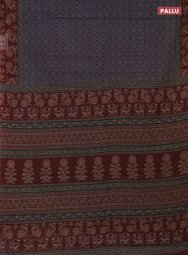 Muslin cotton saree navy blue and deep maroon with allover prints and printed border