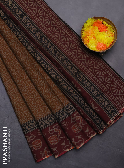 Muslin cotton saree mustard shade and deep maroon with allover prints and printed border
