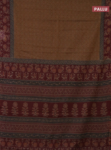 Muslin cotton saree mustard shade and deep maroon with allover prints and printed border