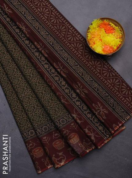 Muslin cotton saree dark sap green and deep maroon with allover prints and printed border
