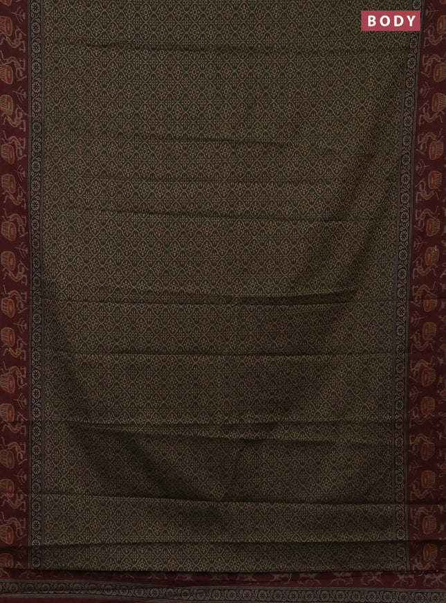Muslin cotton saree dark sap green and deep maroon with allover prints and printed border