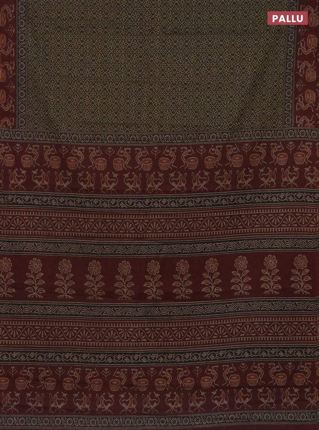Muslin cotton saree dark sap green and deep maroon with allover prints and printed border