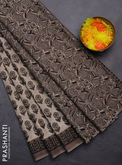 Muslin cotton saree beige and brown with floral butta prints and printed border