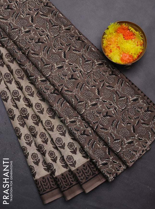 Muslin cotton saree beige and brown with floral butta prints and printed border