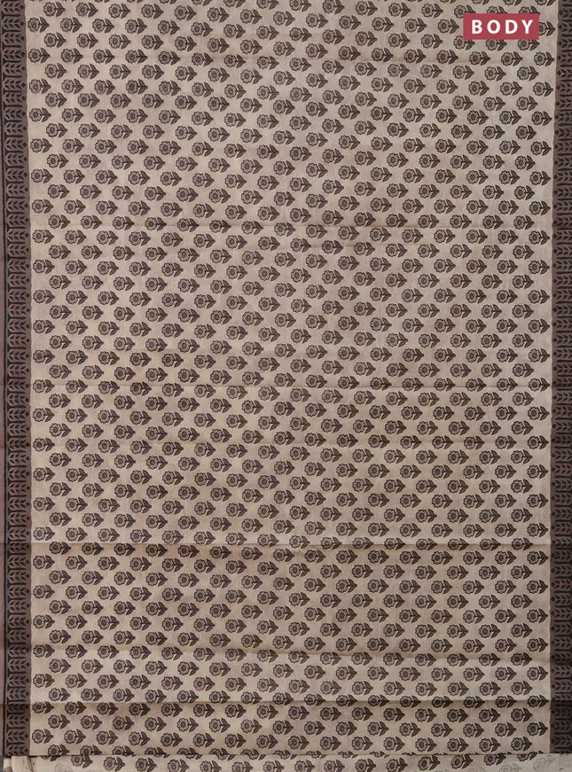 Muslin cotton saree beige and brown with floral butta prints and printed border