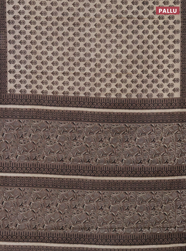Muslin cotton saree beige and brown with floral butta prints and printed border