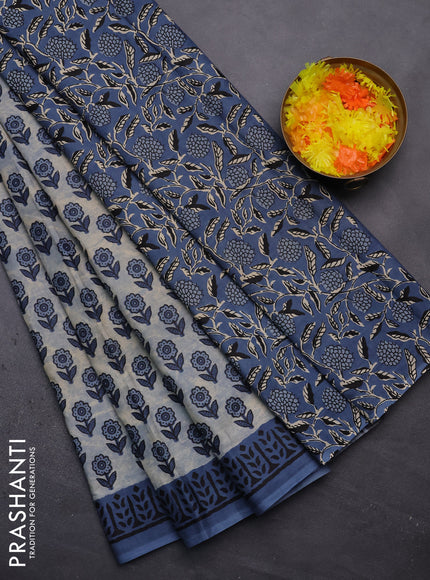 Muslin cotton saree bluish grey and blue with floral butta prints and printed border