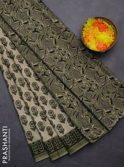 Muslin cotton saree beige and pastel green with floral butta prints and printed border