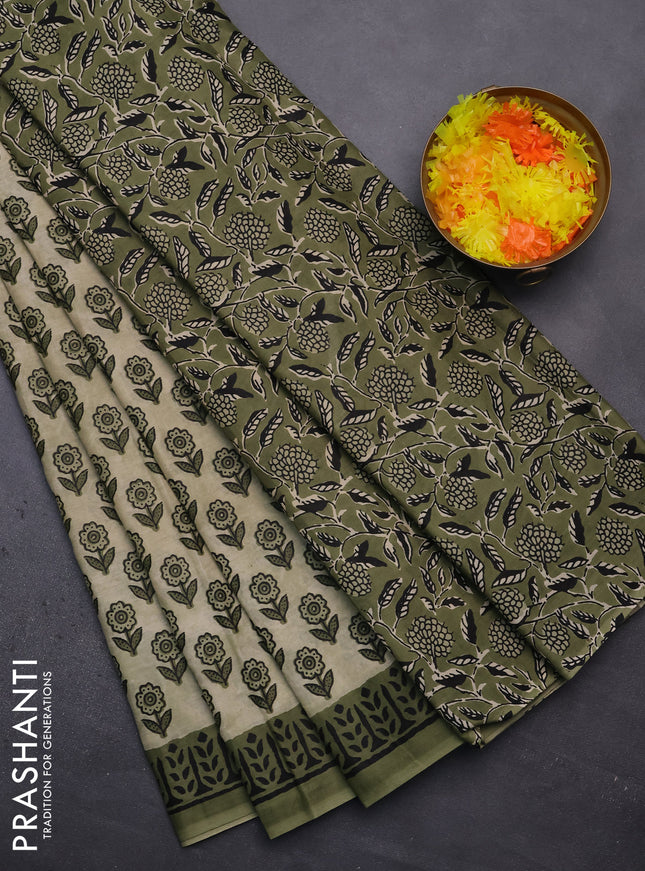 Muslin cotton saree beige and pastel green with floral butta prints and printed border
