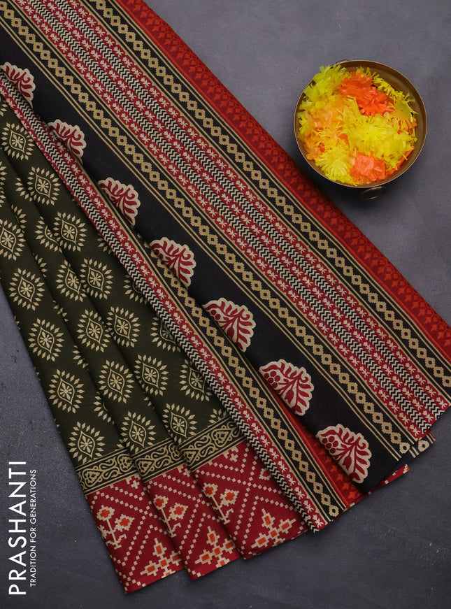 Muslin cotton saree sap green and maroon with butta prints and printed border