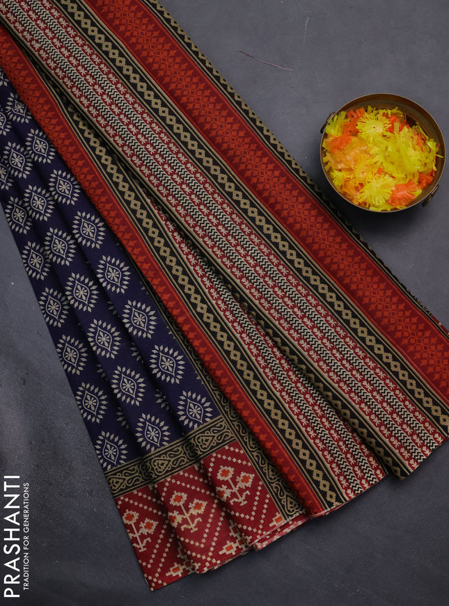 Muslin cotton saree blue and maroon with butta prints and printed border