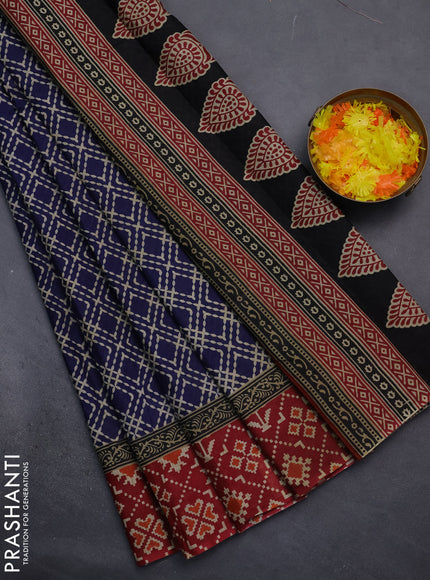 Muslin cotton saree blue and maroon with allover prints and printed border