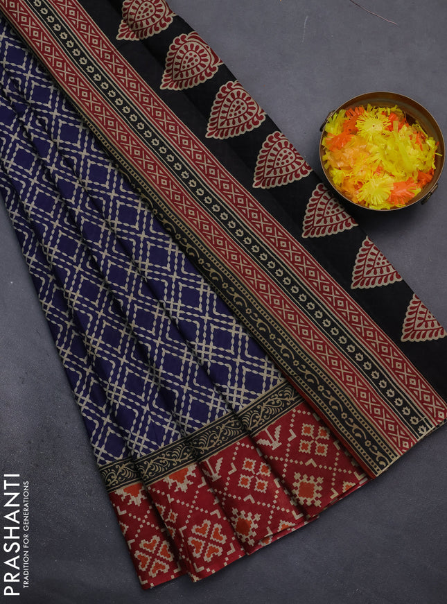 Muslin cotton saree blue and maroon with allover prints and printed border