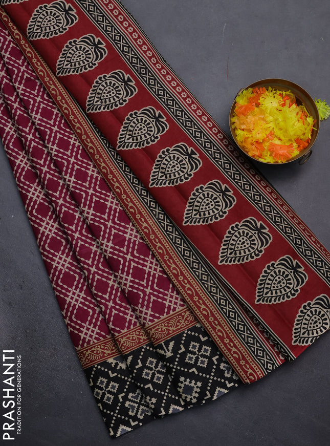 Muslin cotton saree magenta pink and black with allover prints and printed border