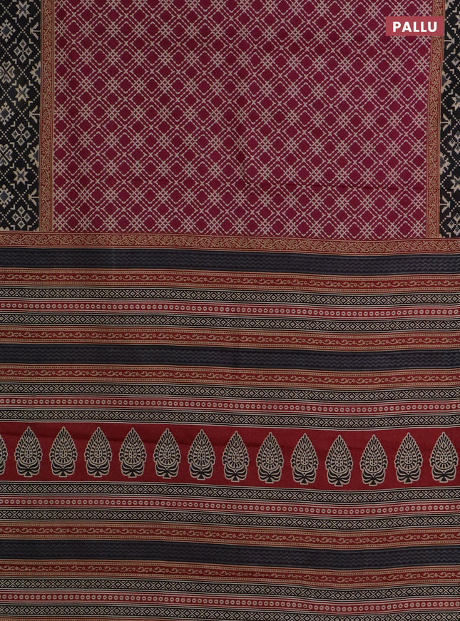 Muslin cotton saree magenta pink and black with allover prints and printed border