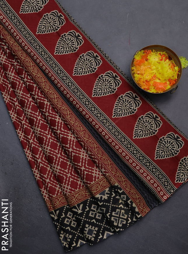 Muslin cotton saree maroon and black with allover prints and printed border